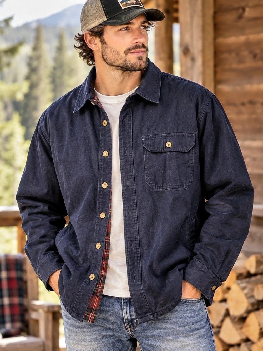 Woolrich Y2K Green Label Navy Flannel Lined Twill Shirt Jacket Men’s